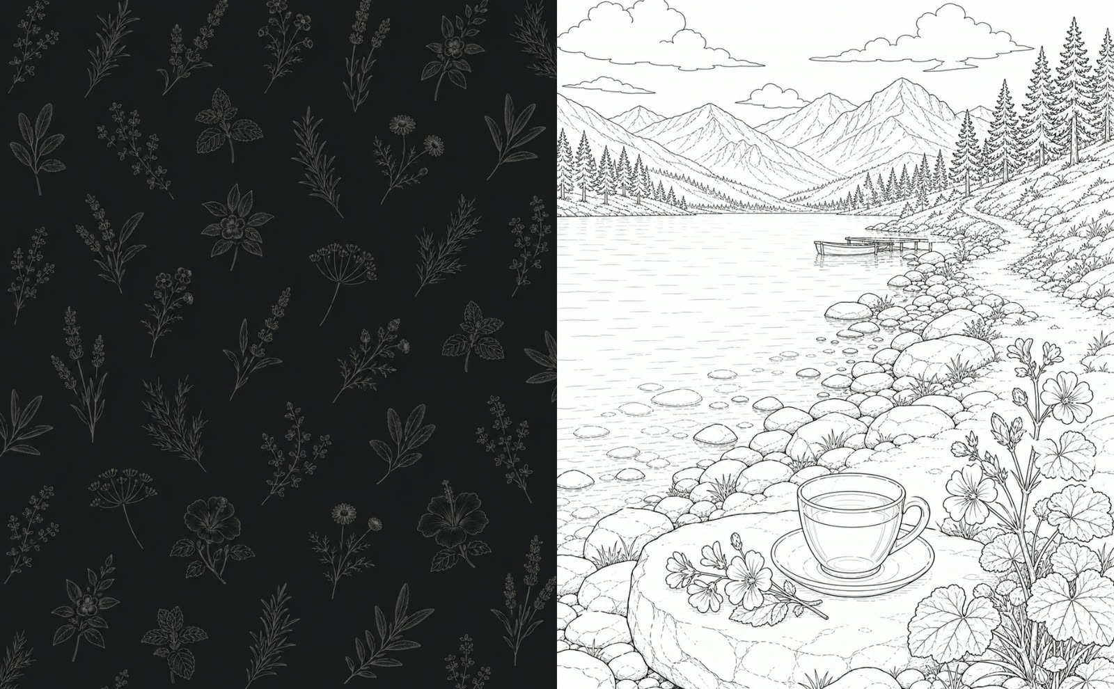 Dibujo sin colorear de lago, montañas y una taza