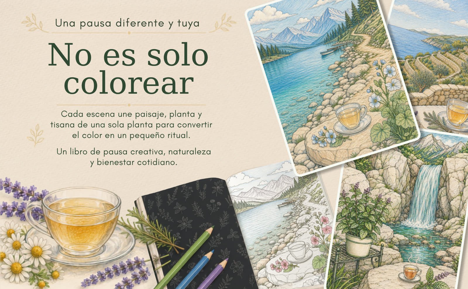 Composición No es solo colorear con paisaje, lápices y tisana