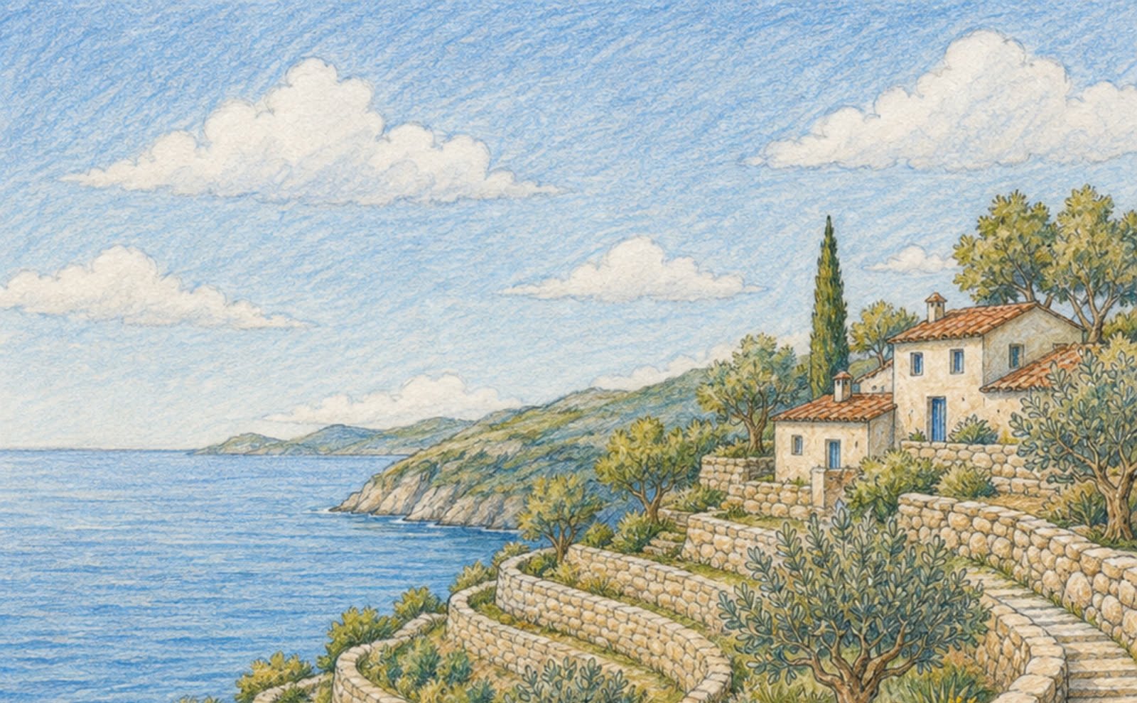 Paisaje coloreado de costa y pueblo junto al mar
