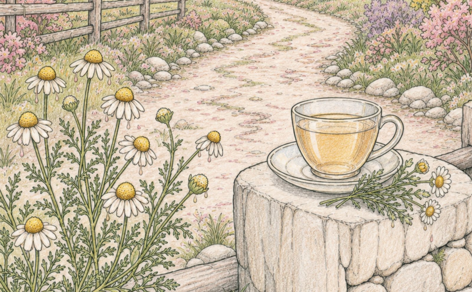 Jardín de margaritas con una taza de tisana