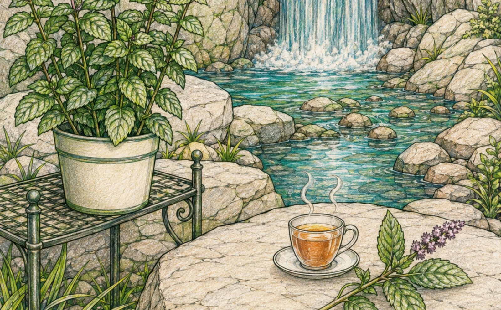 Paisaje coloreado con cascada, plantas y una taza de tisana