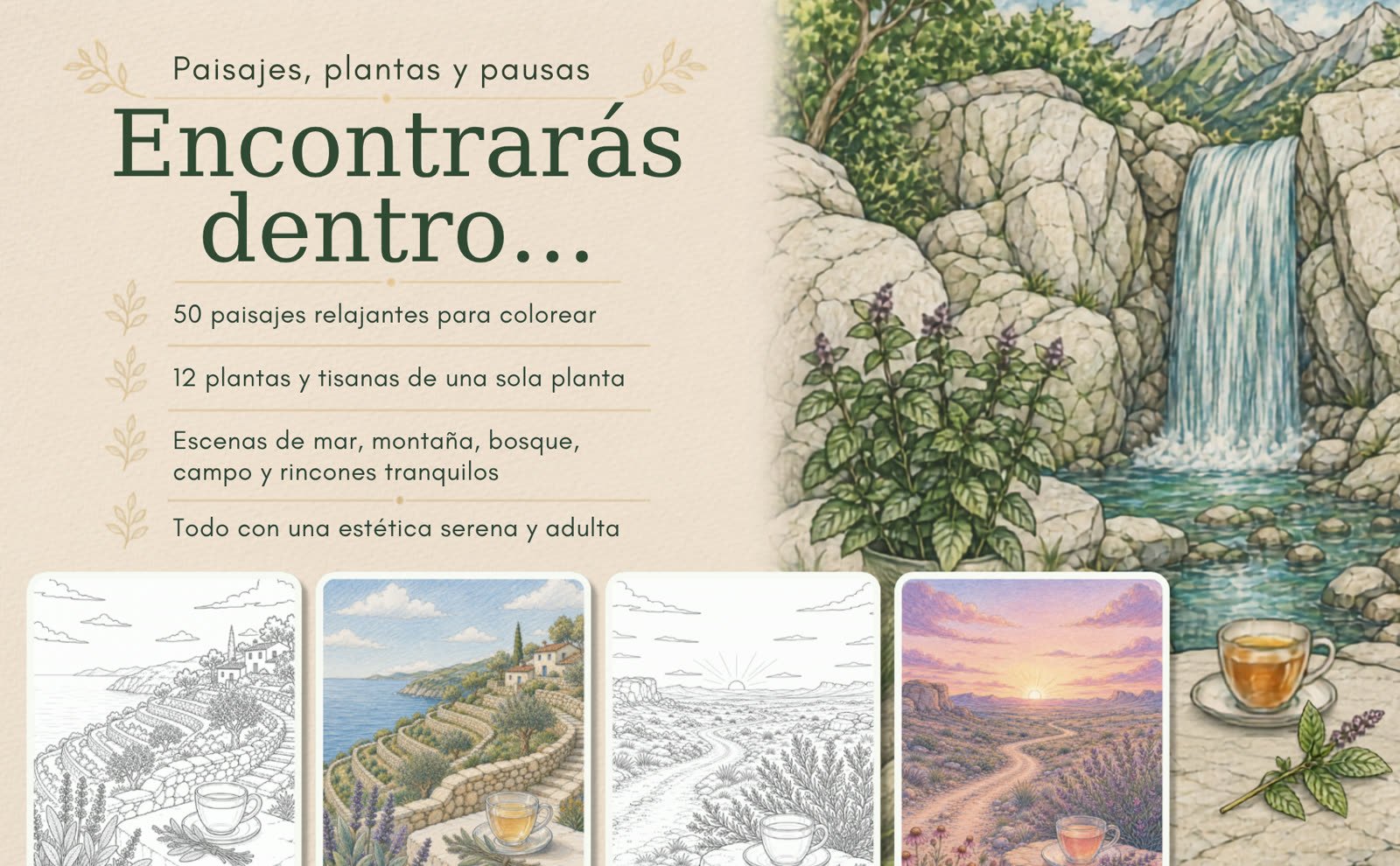 Resumen visual de los paisajes, plantas y pausas que contiene el libro